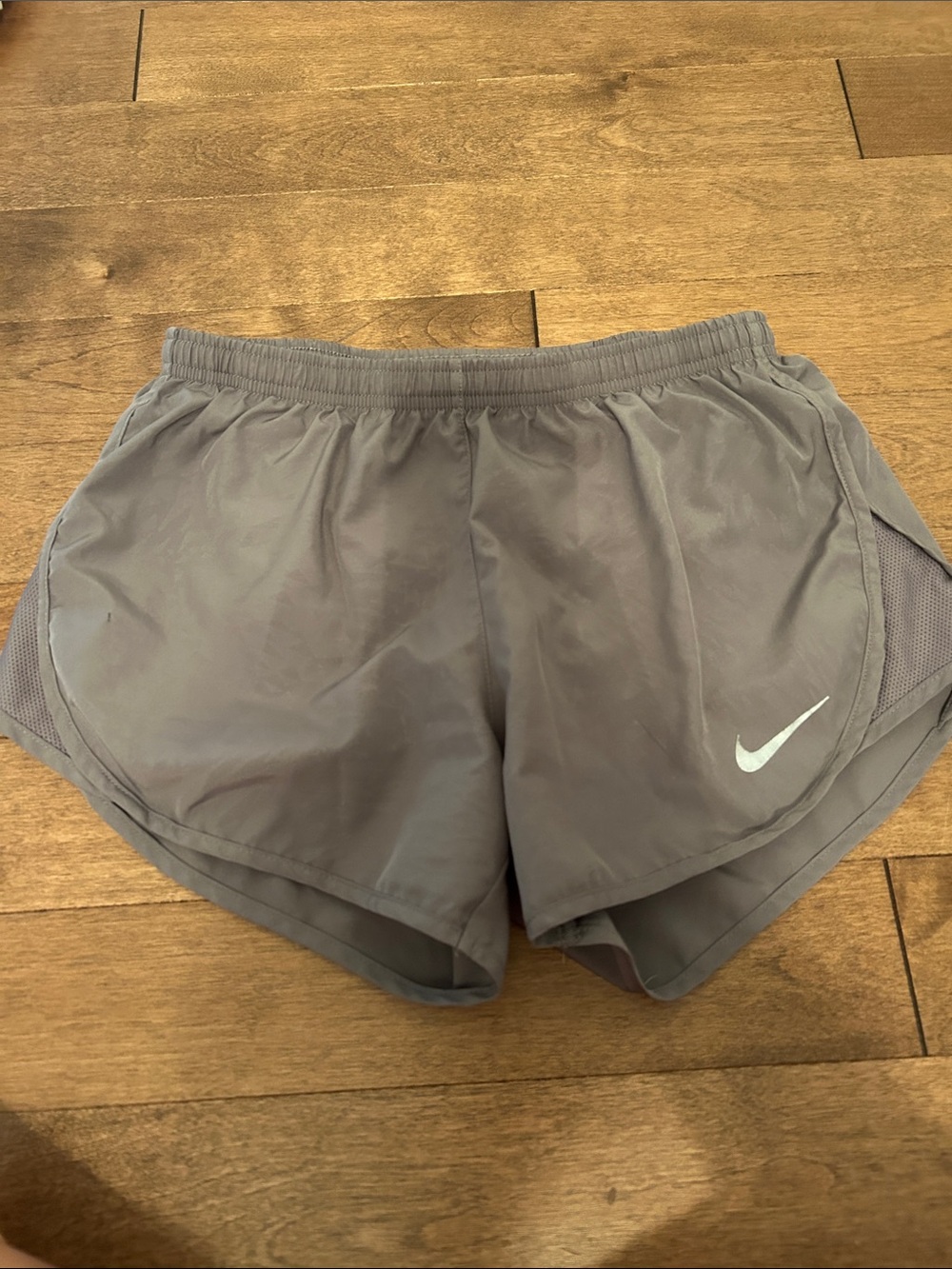Nike Women’s Gray Athletic Running Shorts with White Swoosh